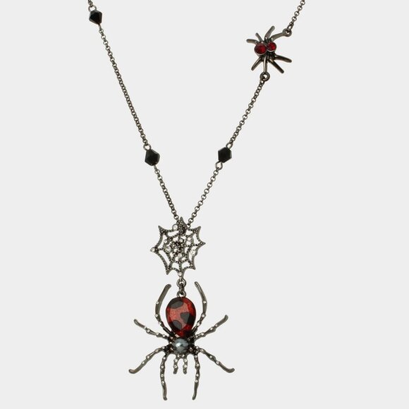 Betsey Johnson Hematite Tone Spider & Web Pendant Necklace With Crystal Accents - Picture 1 of 10